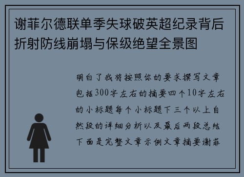谢菲尔德联单季失球破英超纪录背后折射防线崩塌与保级绝望全景图