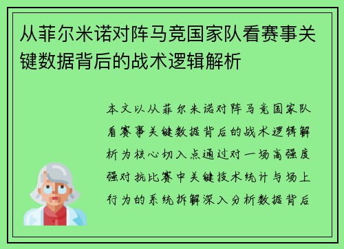 从菲尔米诺对阵马竞国家队看赛事关键数据背后的战术逻辑解析