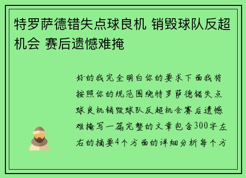 特罗萨德错失点球良机 销毁球队反超机会 赛后遗憾难掩